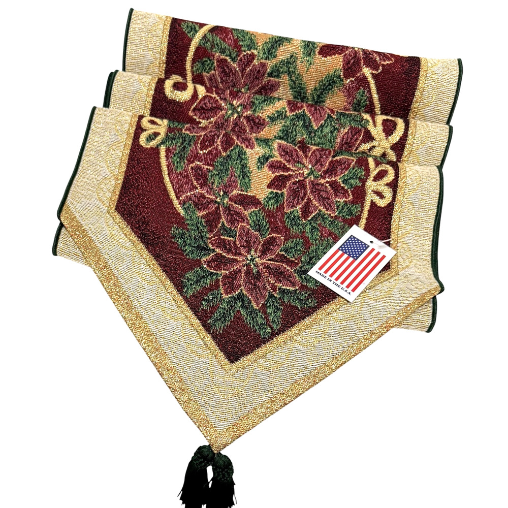 Christmas Decor Table Runner Home Interiors Tapestry Metallic Made USA 72" NWT